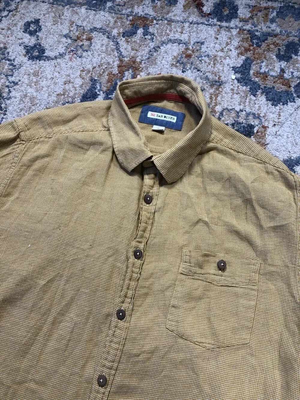 32 Bar Blues Shirt Mens XL Yellow Check Short Sleeve Button Up Casual Cotton